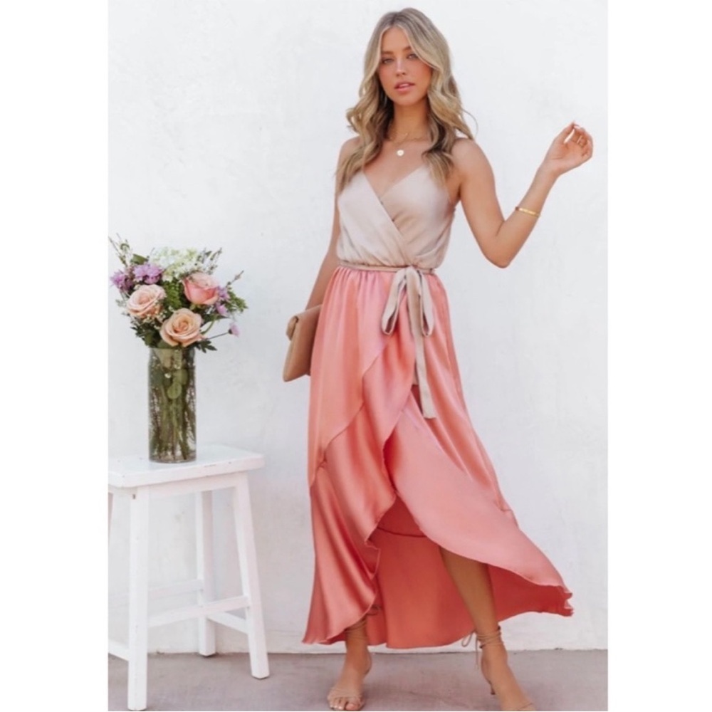 Vici Ansley Satin Colorblock High Low Tyche Maxi Dress Nude Peach